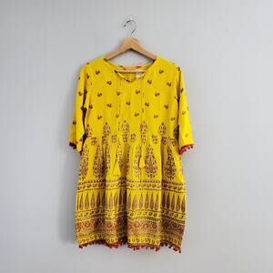 Gerua Pullover Yellow Boho Paisley Pom Tunic Top S